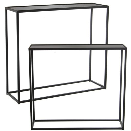 Set 2 Mesas Entrada Metal Negro  com cristal Negro 90x28x81cm+84x25x75cm