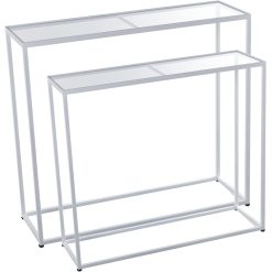 Set 2 Mesas Metal Branco  com cristal Transparente 90x28x80+85x24x75cm