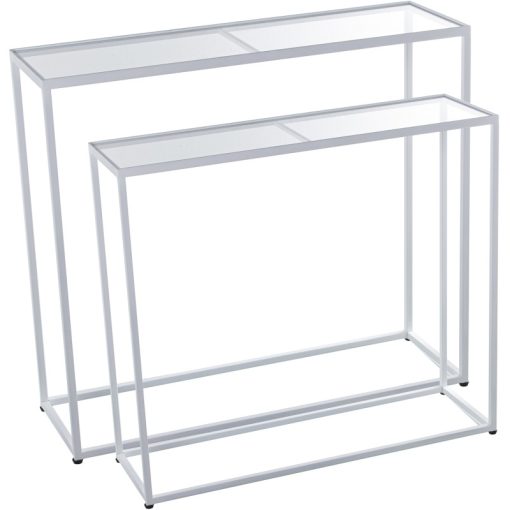 Set 2 Mesas Metal Branco  com cristal Transparente 90x28x80+85x24x75cm