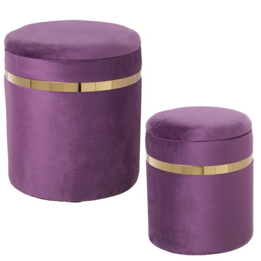 Set 2 Pufs Armazenamento Veludo Violeta 38x44cm+33x38cm