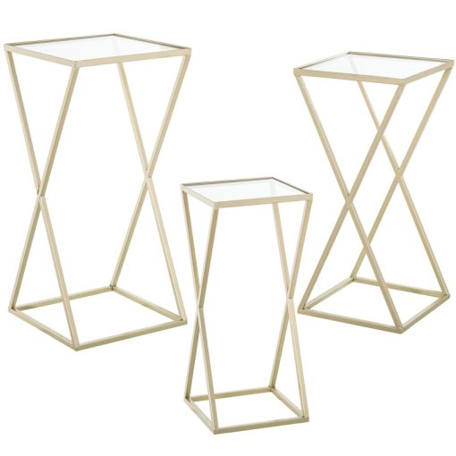 Set 3 Mesas De Apoio Vidro E Metal Dourado 33x33x70+29x29x63+25x25x57cm
