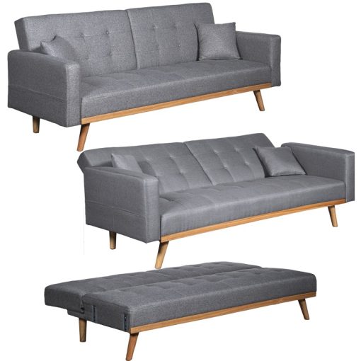 Sofá Cama 3 Lugares Poliéster Cinza  com Pés Madeira Caucho 216x81x87cm Cama:190x110x15cm - Image 3