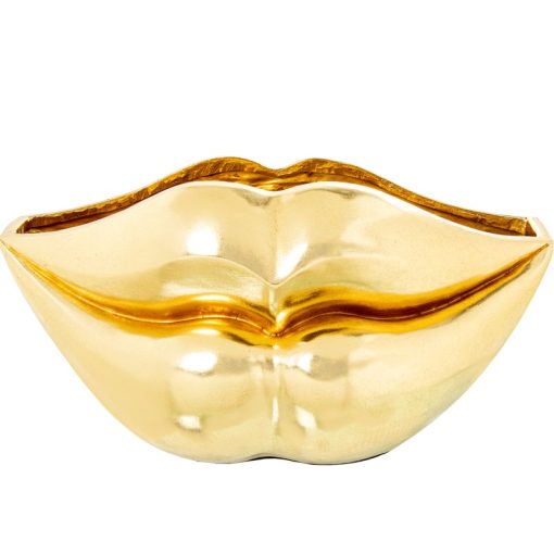 Vaso/figura De Resina Dourada Lábios 58x30x30cm