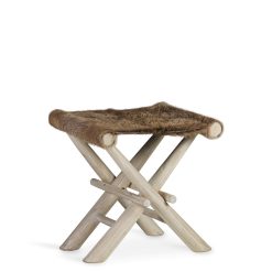 Banqueta dobrável de mogno com pele de cabra cor bege 47 x 40 x 45