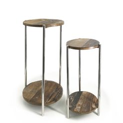 Conjunto de 2 mesas auxiliares de abeto e aço inoxidável 37 x 37 x 83 / 30 x 30 x 68
