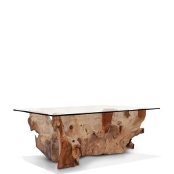 Mesa De Centro Raiz De Teca Branqueada Com Vidro 120 x 75 x 45