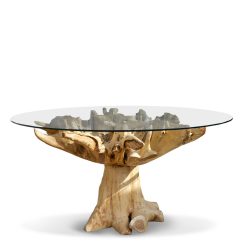 Mesa De Raiz Teka Branqueada 2 Peças Com Vidro 150 x 150 x 78
