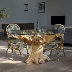 Mesa de raiz de teca e vidro 150 x 150 x 78