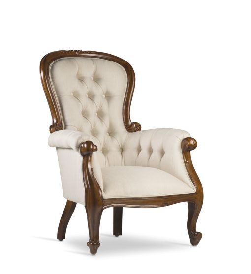 Poltrona de mogno com tecido cor bege 76 x 75 x 107