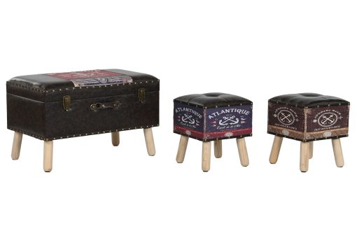 Baú Set 3 Madeira Pu 70X40X45 Vintage Multicor